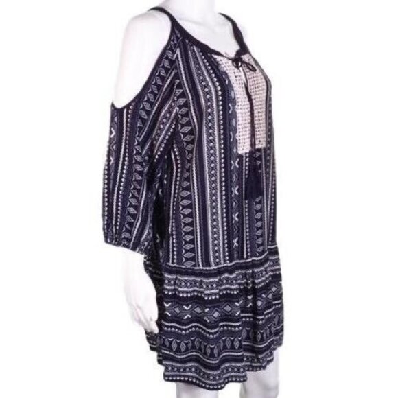 Ya Los Angeles BoHo Dress Size M Womens Cold Shoulder Blue White - Picture 2 of 7